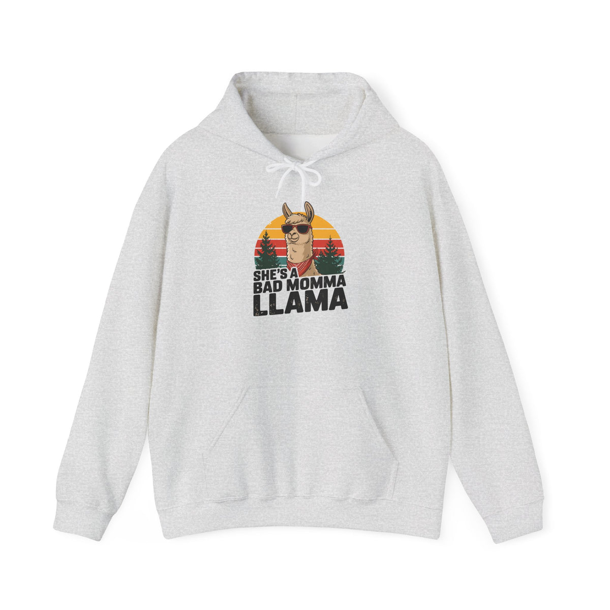 Ash grey She's A Bad Momma Llama hoodie with retro sunset and llama in sunglasses