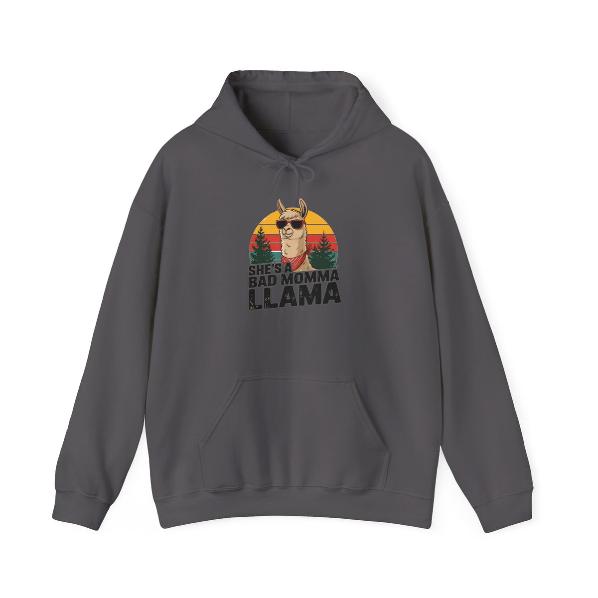 Charcoal She's A Bad Momma Llama hoodie with retro sunset and llama in sunglasses