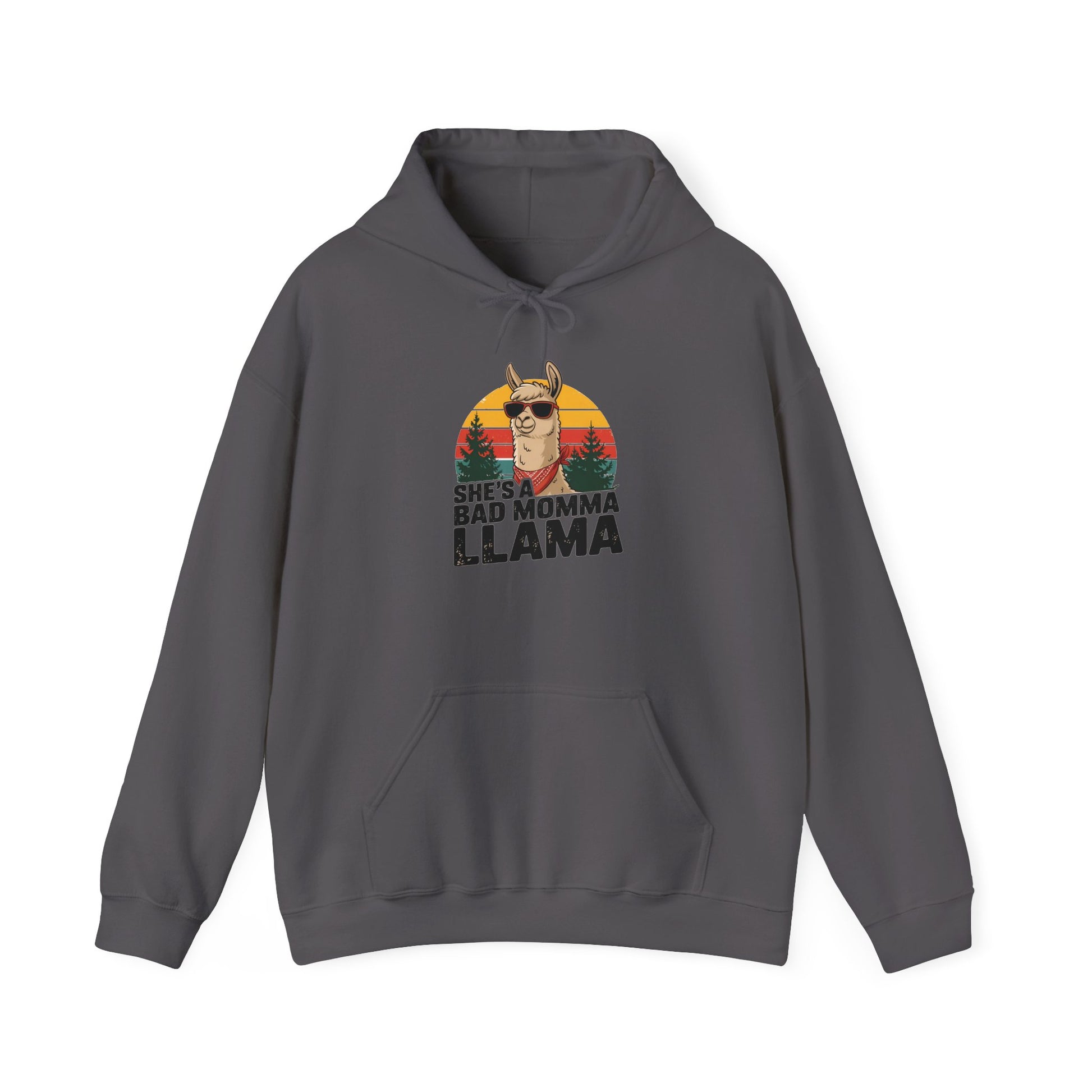 Charcoal She's A Bad Momma Llama hoodie with retro sunset and llama in sunglasses