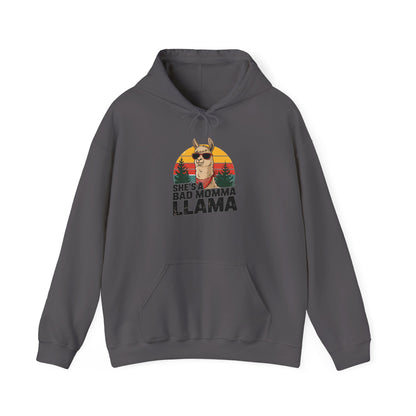Charcoal She's A Bad Momma Llama hoodie with retro sunset and llama in sunglasses