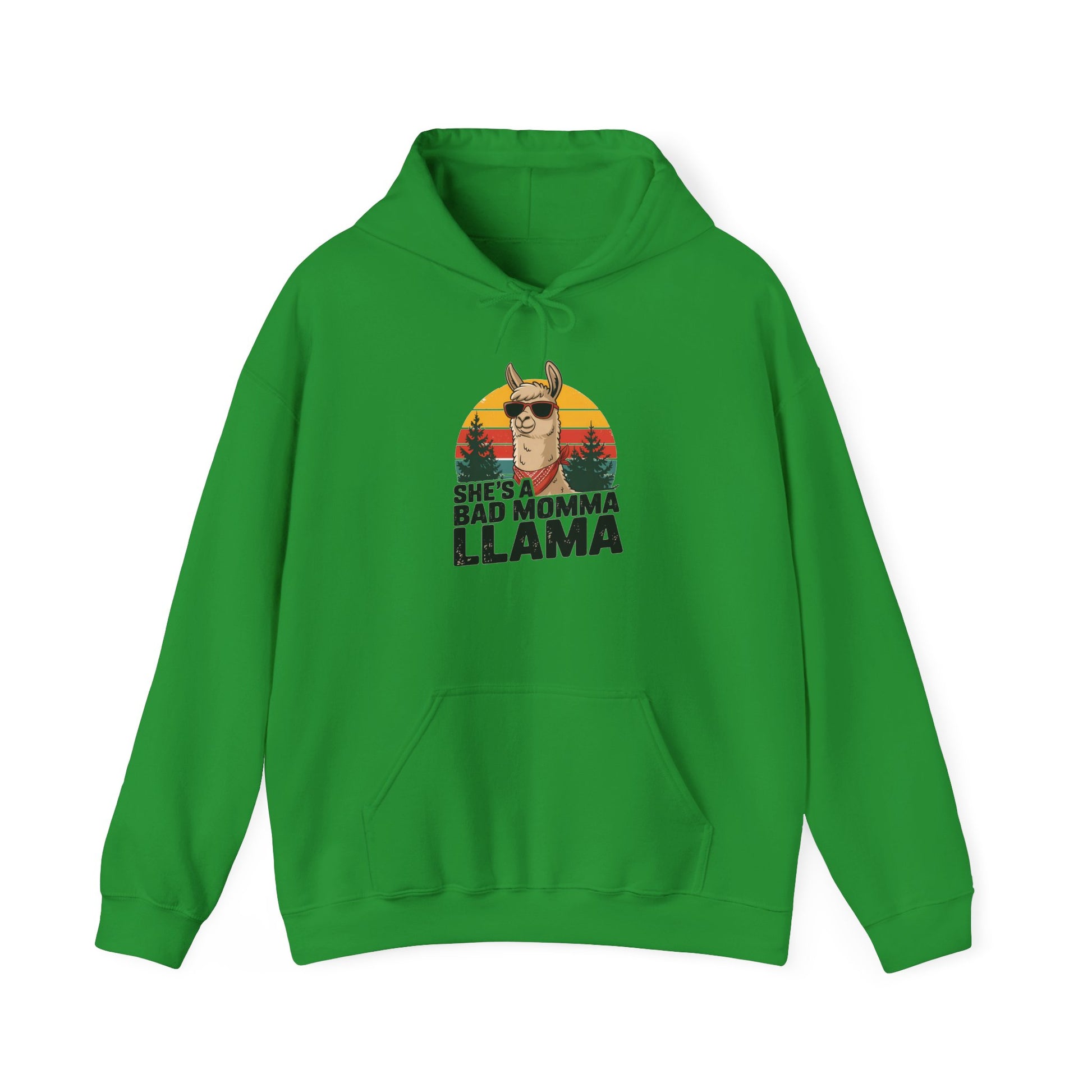 Irish green She's A Bad Momma Llama hoodie with retro sunset and llama in sunglasses