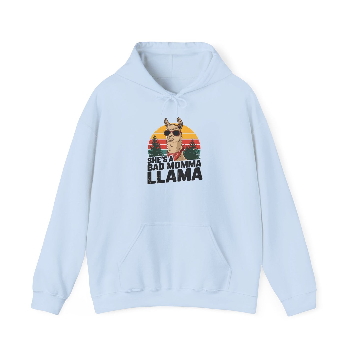 Light blue She's A Bad Momma Llama hoodie with retro sunset and llama in sunglasses