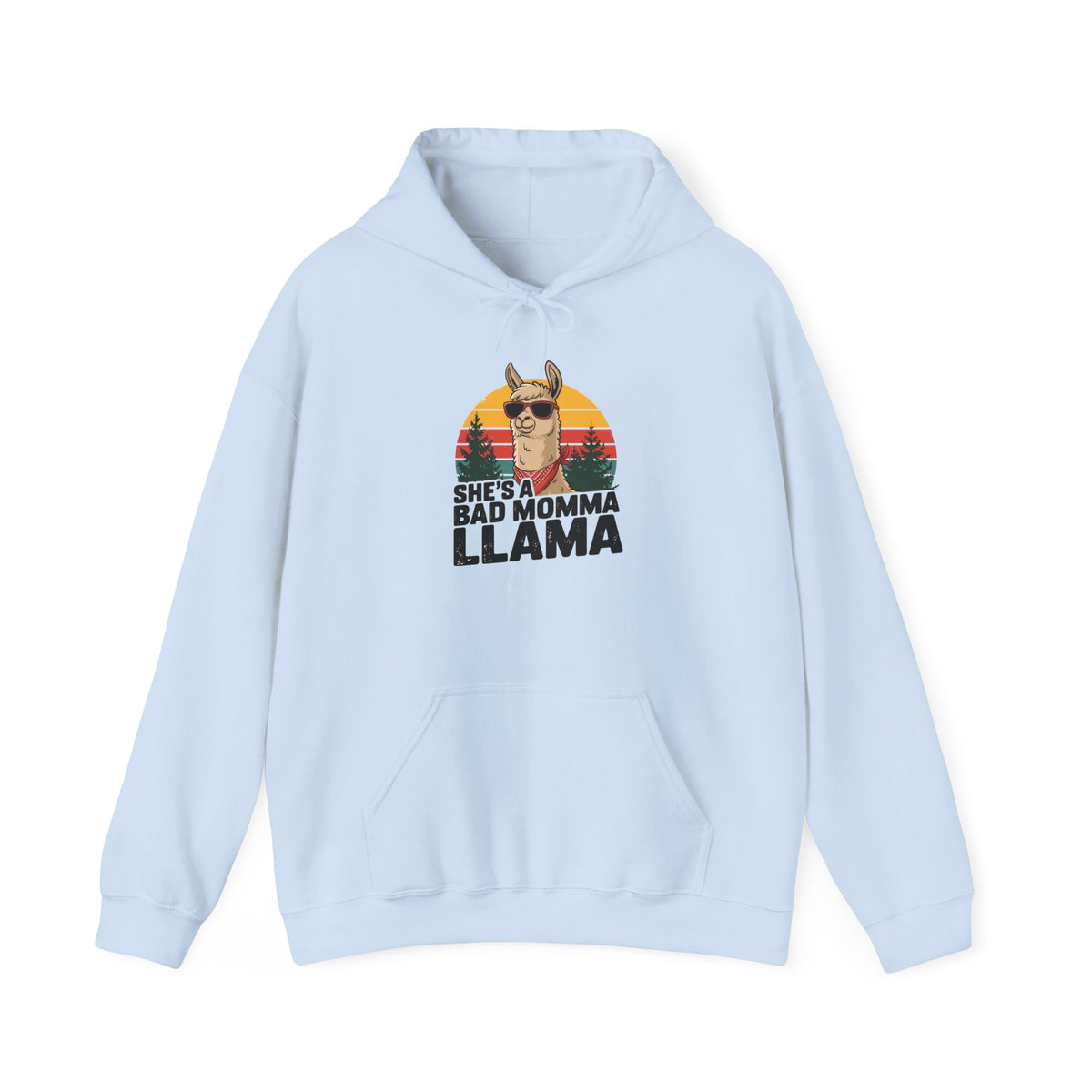Light blue She's A Bad Momma Llama hoodie with retro sunset and llama in sunglasses