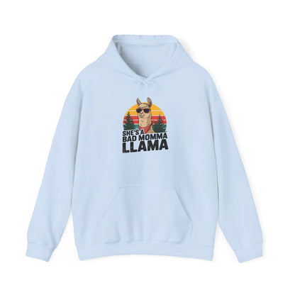 Light blue She's A Bad Momma Llama hoodie with retro sunset and llama in sunglasses