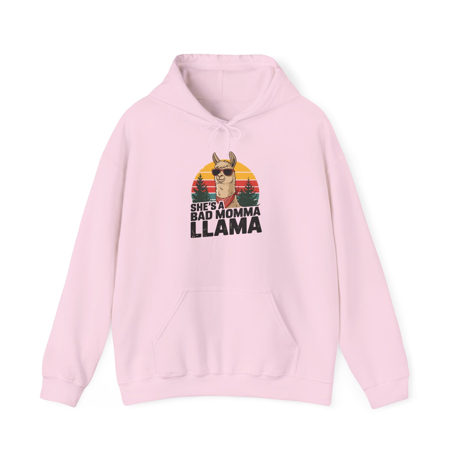 Light pink She's A Bad Momma Llama hoodie with retro sunset and llama in sunglasses