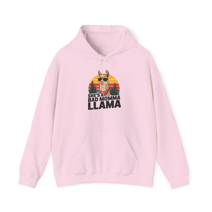 Light pink She's A Bad Momma Llama hoodie with retro sunset and llama in sunglasses