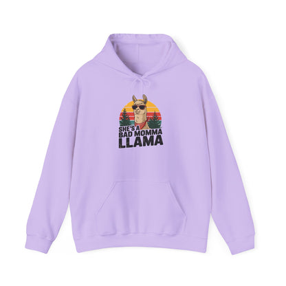 Orchid She's A Bad Momma Llama hoodie with retro sunset and llama in sunglasses