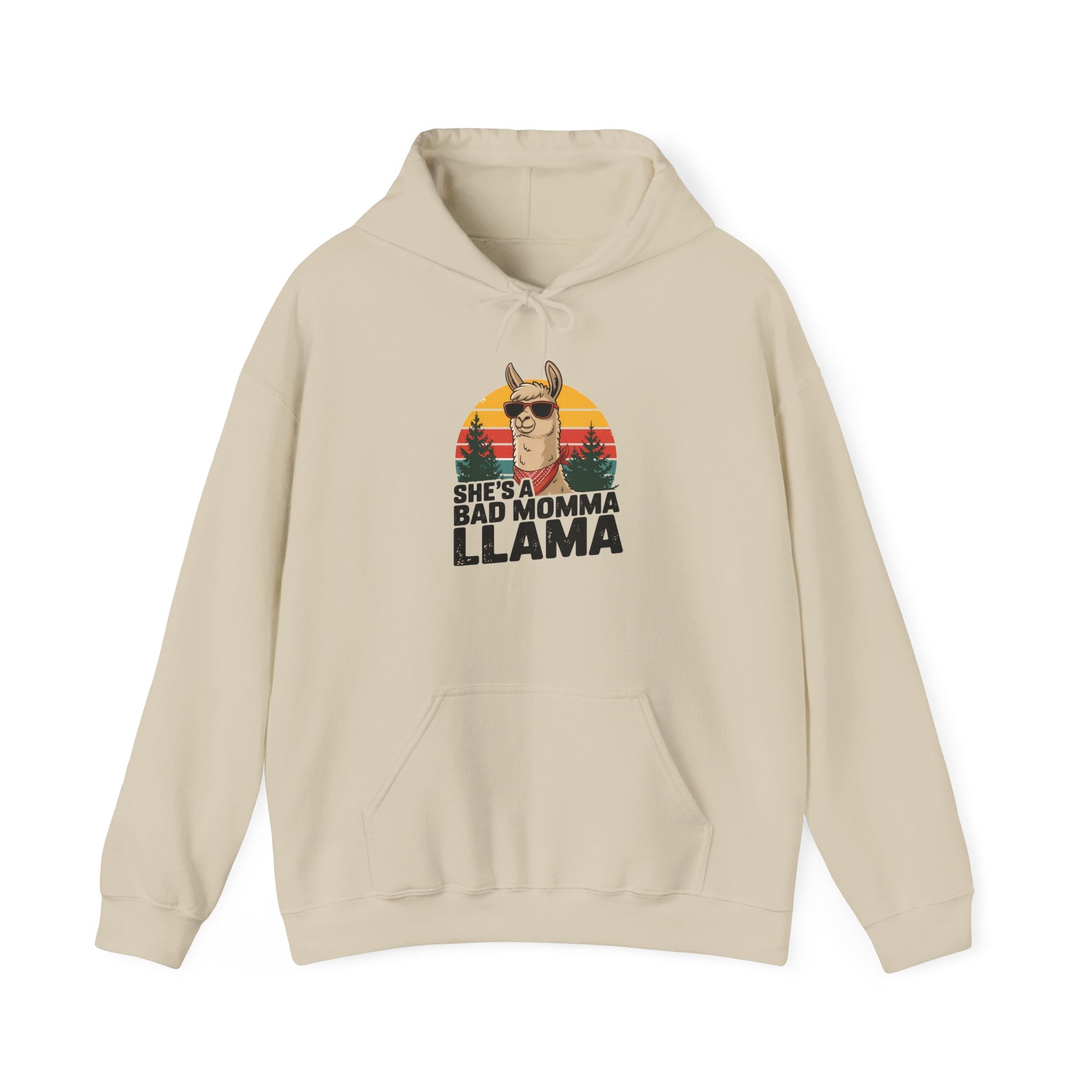 Sand She's A Bad Momma Llama hoodie with retro sunset and llama in sunglasses
