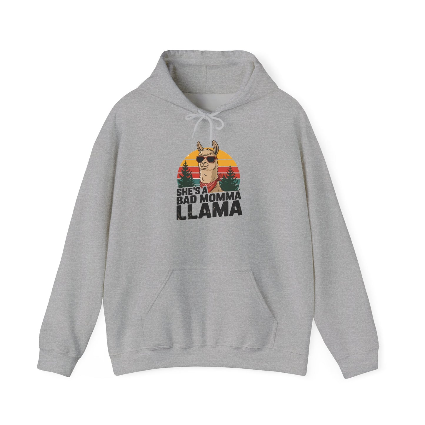 Sport grey She's A Bad Momma Llama hoodie with retro sunset and llama in sunglasses