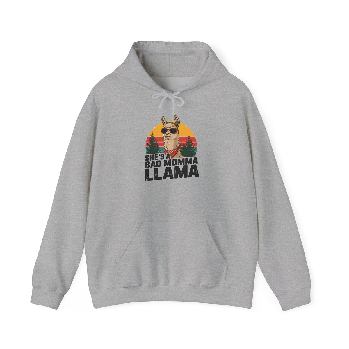 Sport grey She's A Bad Momma Llama hoodie with retro sunset and llama in sunglasses