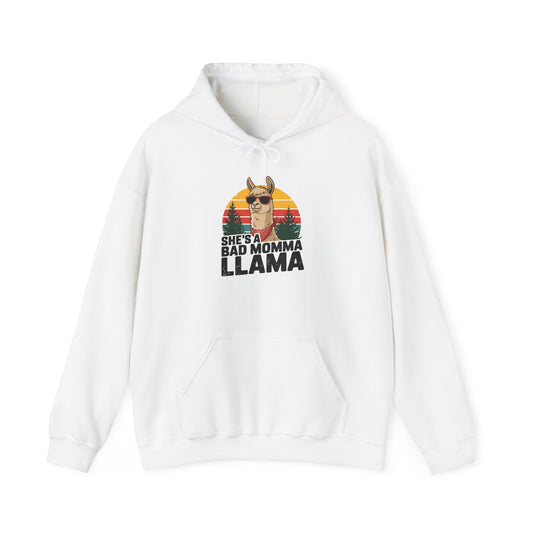 White She's A Bad Momma Llama hoodie with retro sunset and llama in sunglasses