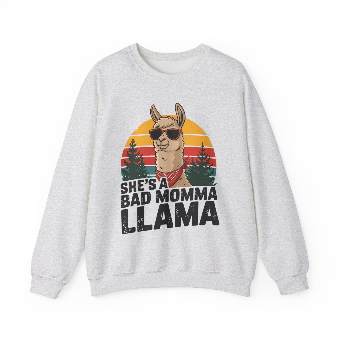 Ash grey She's A Bad Momma Llama sweatshirt with retro sunset and llama in sunglasses
