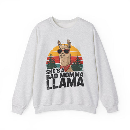 Ash grey She's A Bad Momma Llama sweatshirt with retro sunset and llama in sunglasses