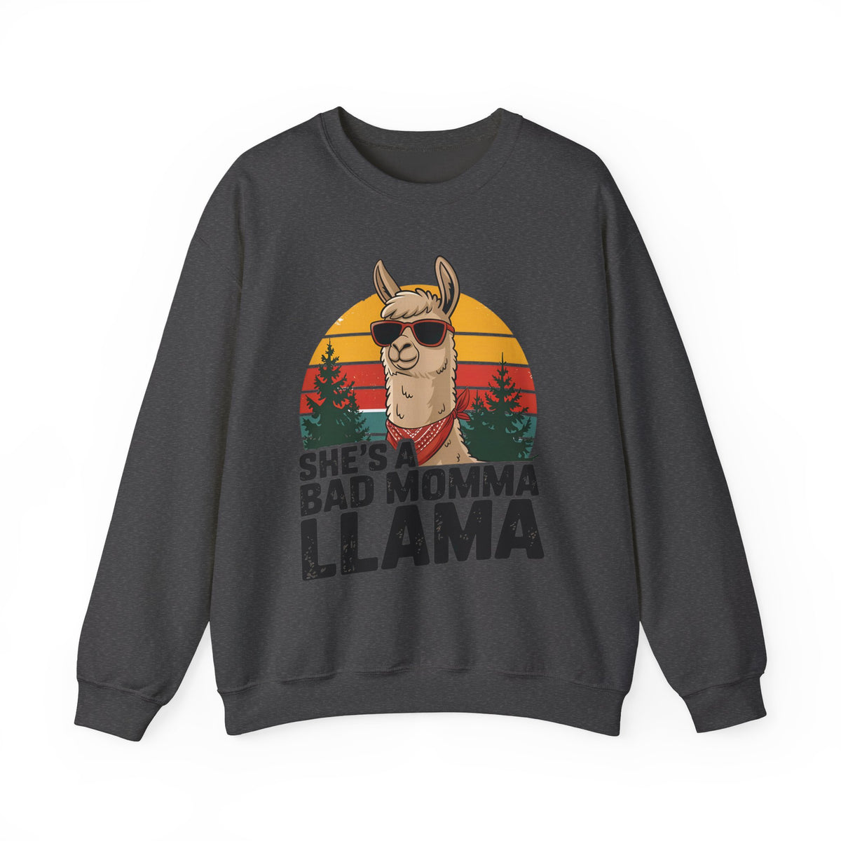 Dark heather She's A Bad Momma Llama sweatshirt with retro sunset and llama in sunglasses