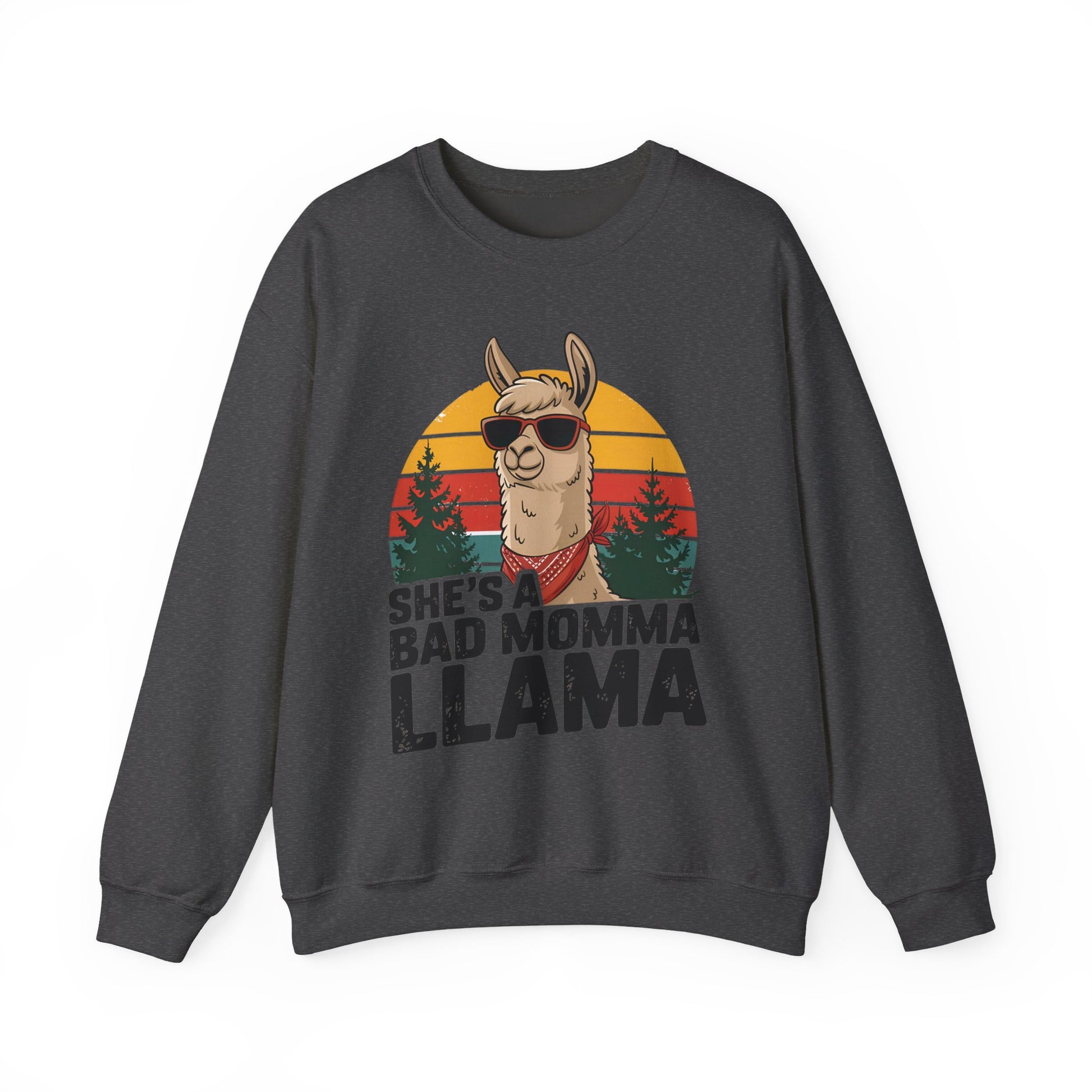 Dark heather She's A Bad Momma Llama sweatshirt with retro sunset and llama in sunglasses