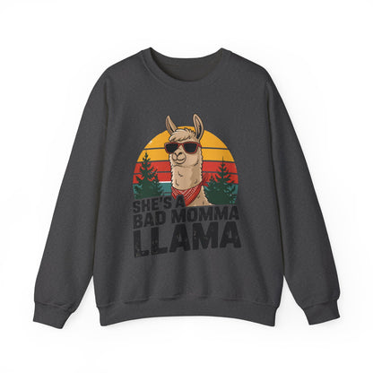 Dark heather She's A Bad Momma Llama sweatshirt with retro sunset and llama in sunglasses