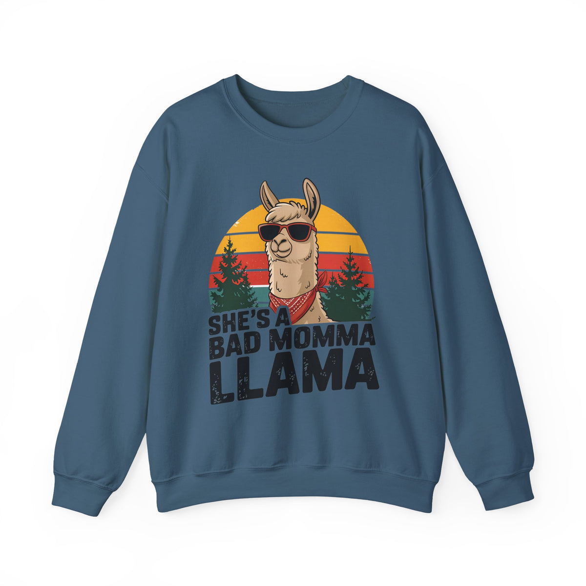 Indigo blue She's A Bad Momma Llama sweatshirt with retro sunset and llama in sunglasses
