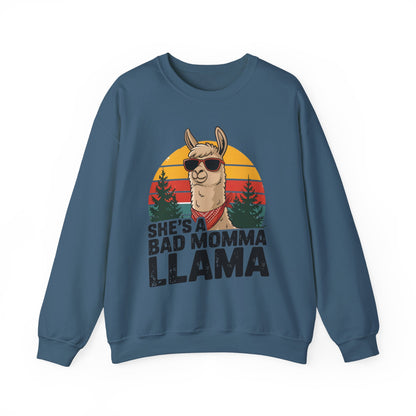 Indigo blue She's A Bad Momma Llama sweatshirt with retro sunset and llama in sunglasses