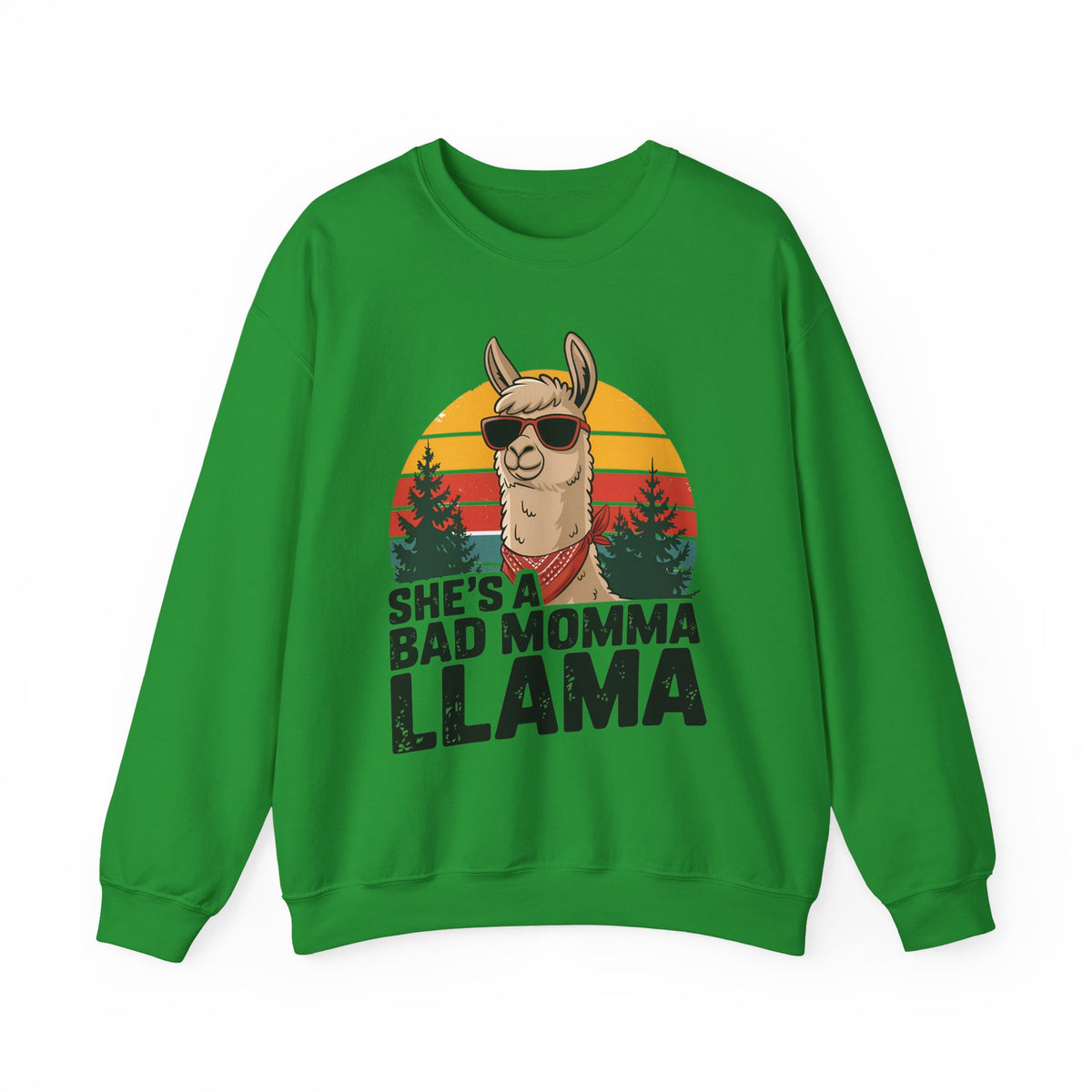 Irish green She's A Bad Momma Llama sweatshirt with retro sunset and llama in sunglasses