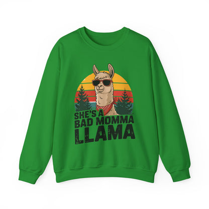 Irish green She's A Bad Momma Llama sweatshirt with retro sunset and llama in sunglasses
