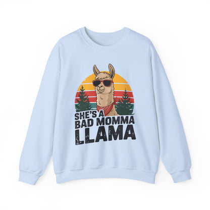 Light blue She's A Bad Momma Llama sweatshirt with retro sunset and llama in sunglasses