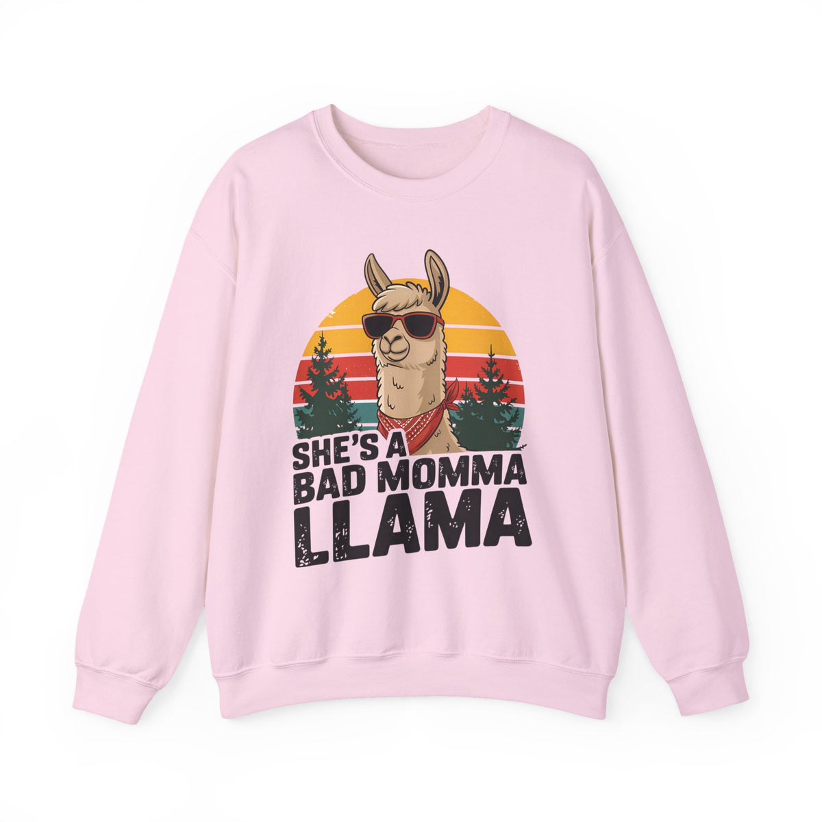 Light pink She's A Bad Momma Llama sweatshirt with retro sunset and llama in sunglasses