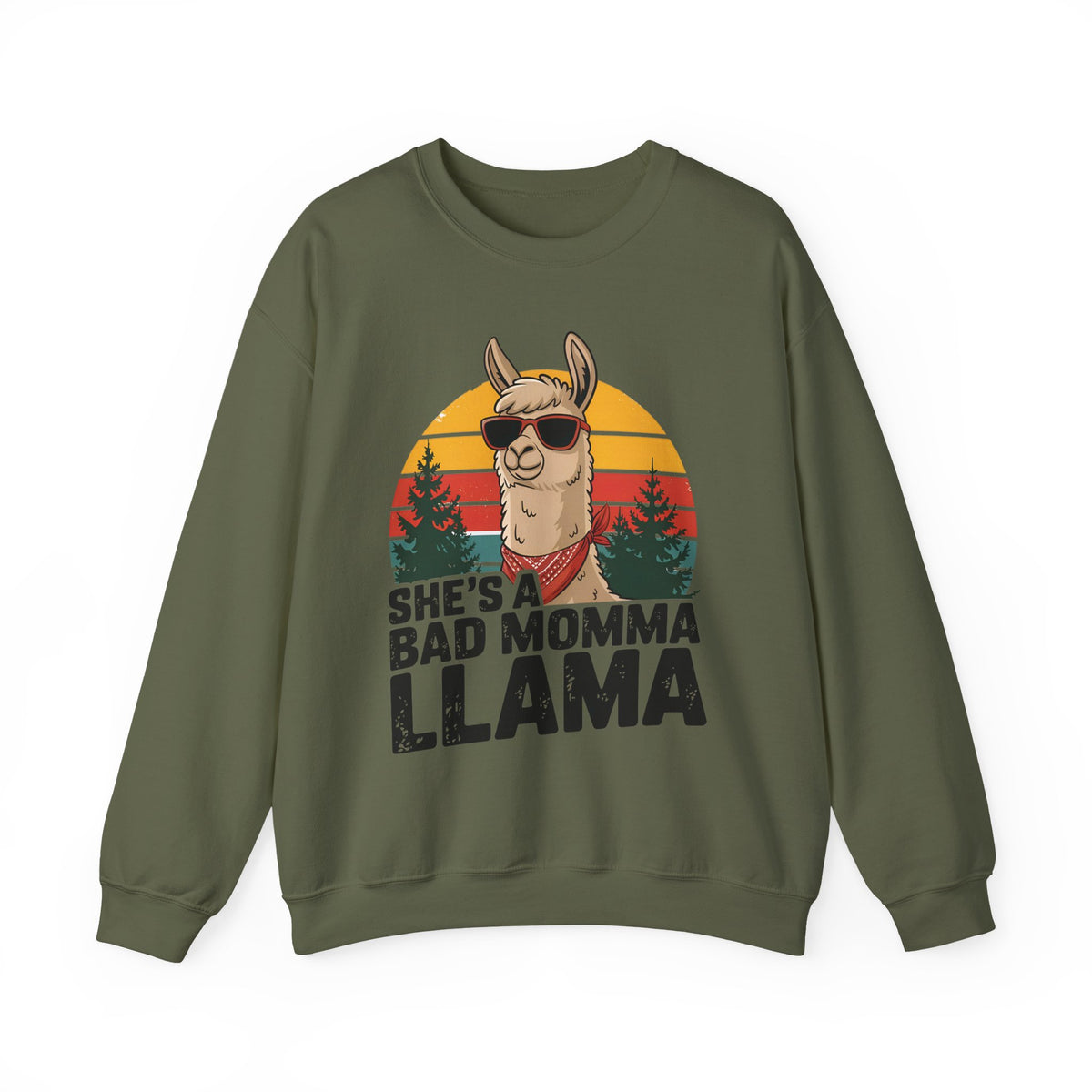 Military green She's A Bad Momma Llama sweatshirt with retro sunset and llama in sunglasses