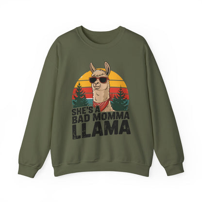 Military green She's A Bad Momma Llama sweatshirt with retro sunset and llama in sunglasses
