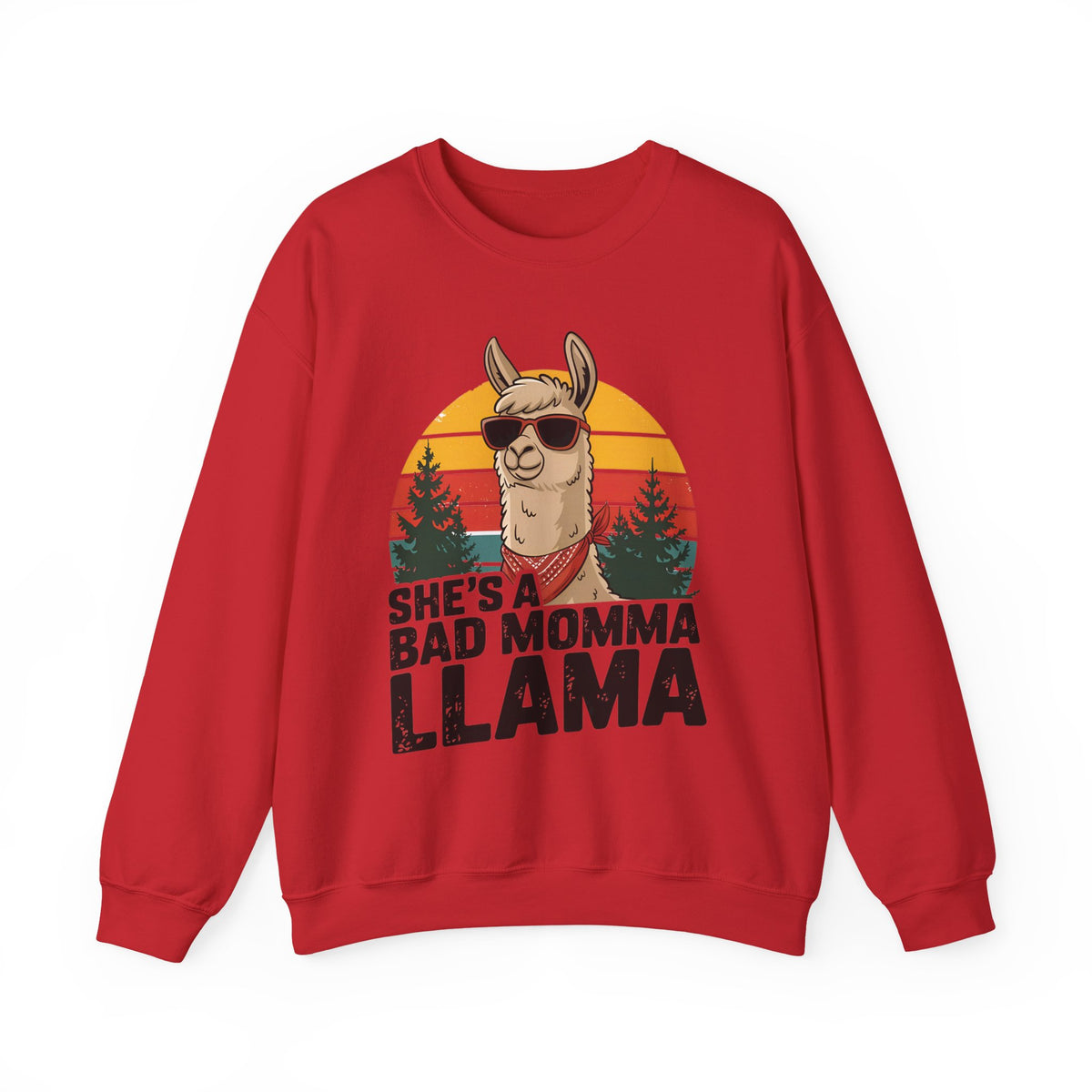 Red She's A Bad Momma Llama sweatshirt with retro sunset and llama in sunglasses