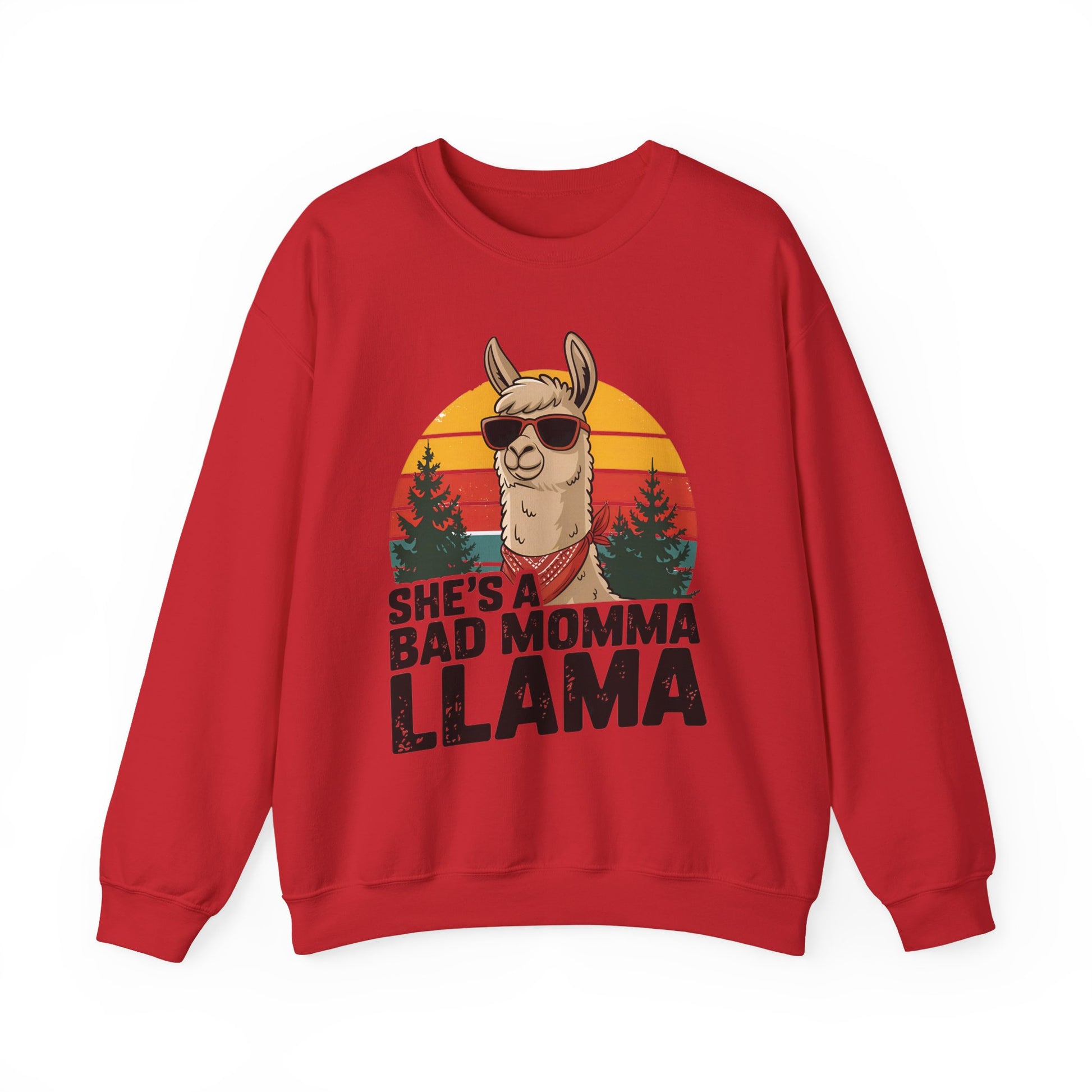 Red She's A Bad Momma Llama sweatshirt with retro sunset and llama in sunglasses