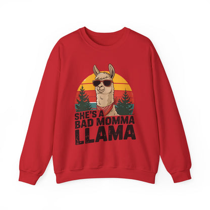 Red She's A Bad Momma Llama sweatshirt with retro sunset and llama in sunglasses