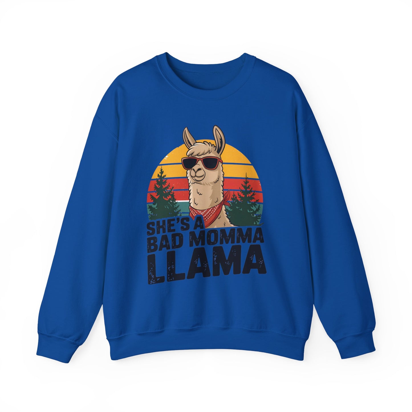 Royal blue She's A Bad Momma Llama sweatshirt with retro sunset and llama in sunglasses