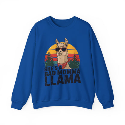 Royal blue She's A Bad Momma Llama sweatshirt with retro sunset and llama in sunglasses