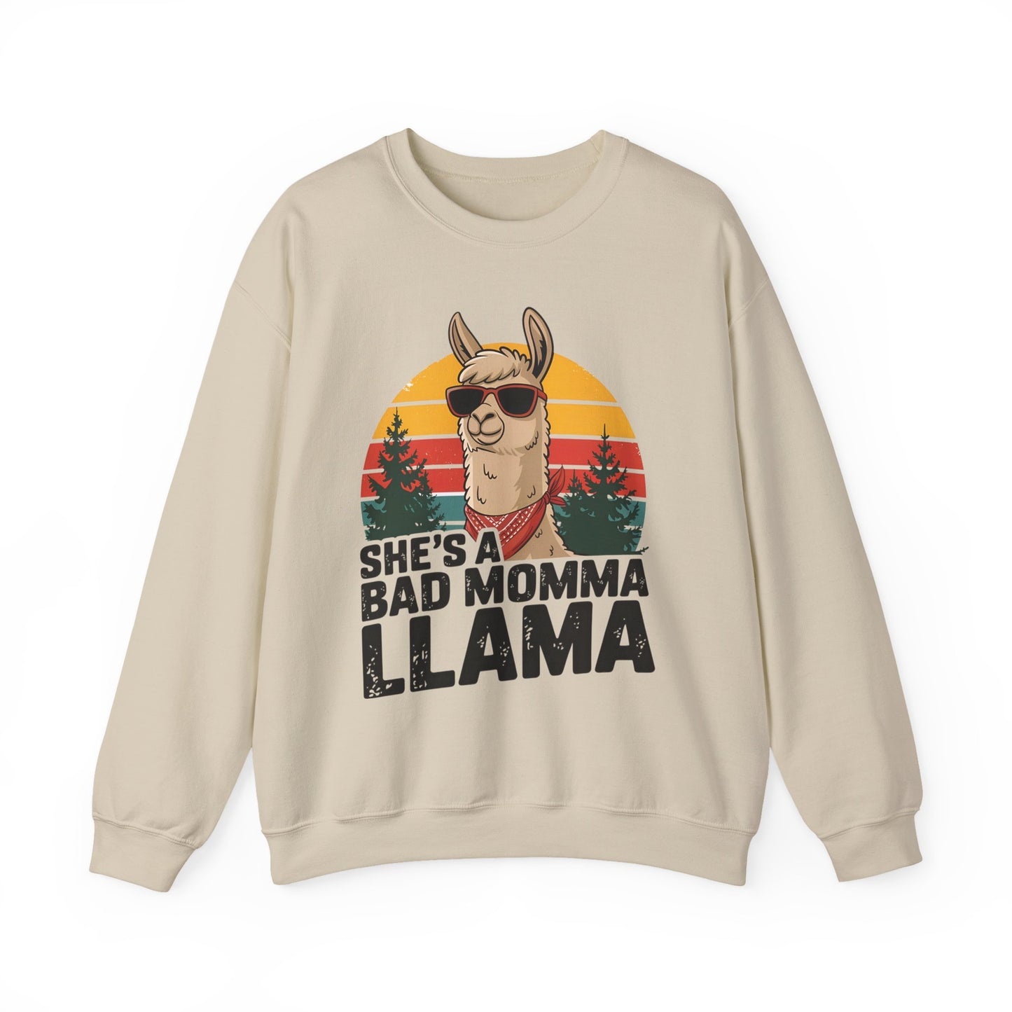 Sand She's A Bad Momma Llama sweatshirt with retro sunset and llama in sunglasses