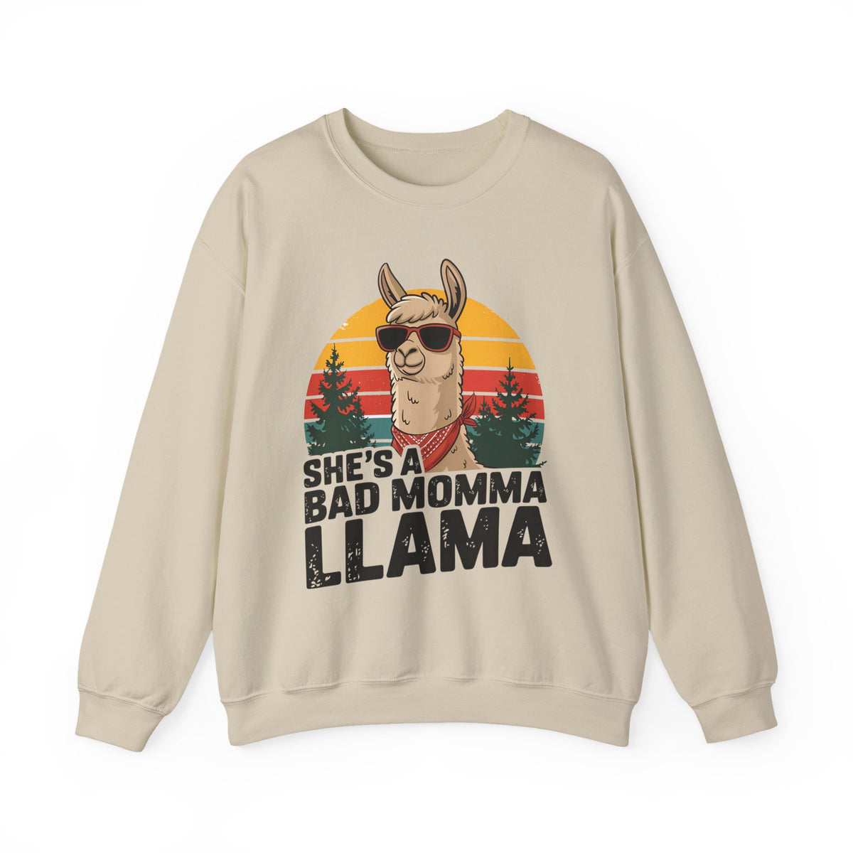 Sand She's A Bad Momma Llama sweatshirt with retro sunset and llama in sunglasses