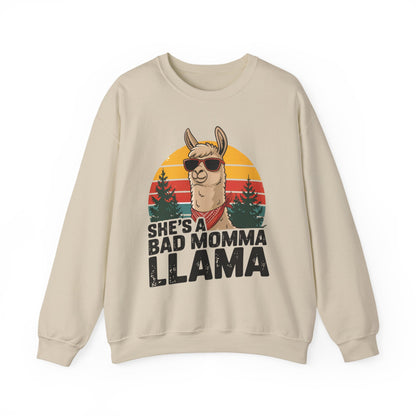 Sand She's A Bad Momma Llama sweatshirt with retro sunset and llama in sunglasses