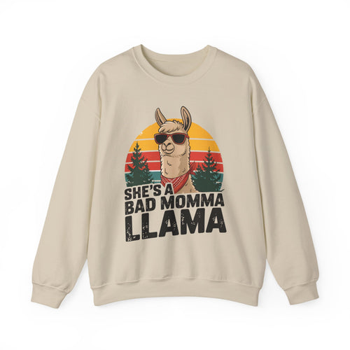 Sand She's A Bad Momma Llama sweatshirt with retro sunset and llama in sunglasses