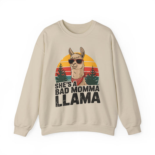 Sand She's A Bad Momma Llama sweatshirt with retro sunset and llama in sunglasses