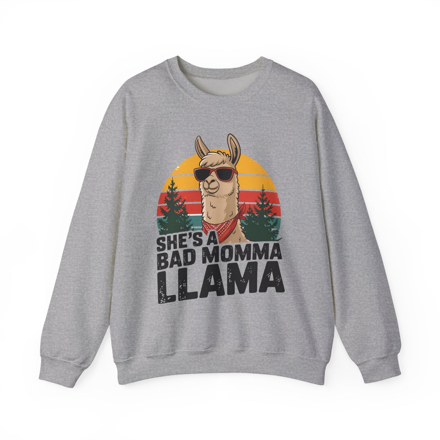 Sport grey She's A Bad Momma Llama sweatshirt with retro sunset and llama in sunglasses