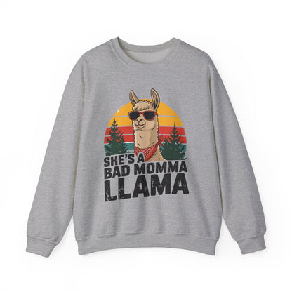 Sport grey She's A Bad Momma Llama sweatshirt with retro sunset and llama in sunglasses