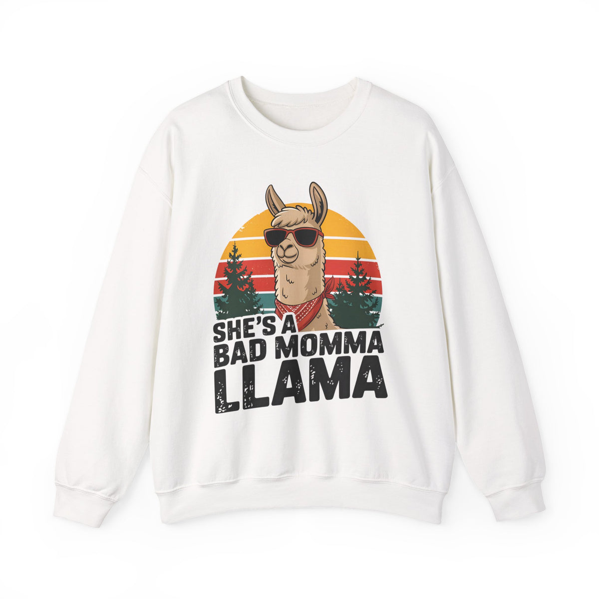 White She's A Bad Momma Llama sweatshirt with retro sunset and llama in sunglasses