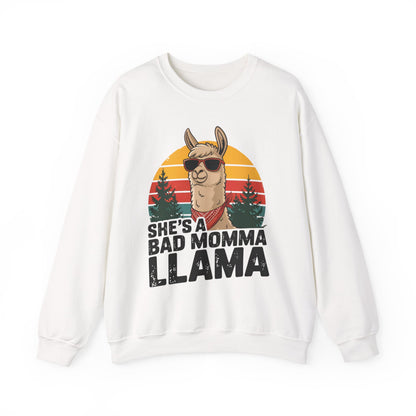 White She's A Bad Momma Llama sweatshirt with retro sunset and llama in sunglasses
