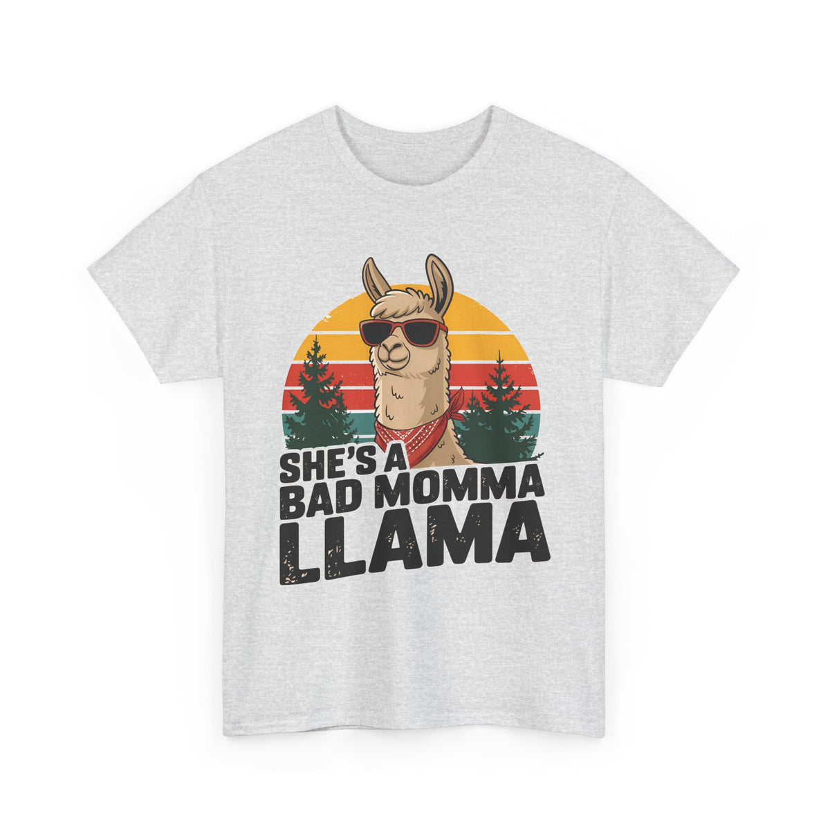 Ash grey She's A Bad Momma Llama t-shirt with retro sunset and llama in sunglasses