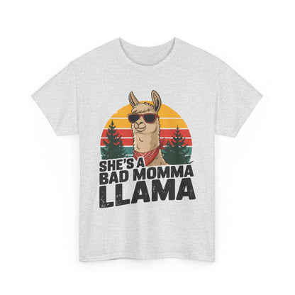 Ash grey She's A Bad Momma Llama t-shirt with retro sunset and llama in sunglasses