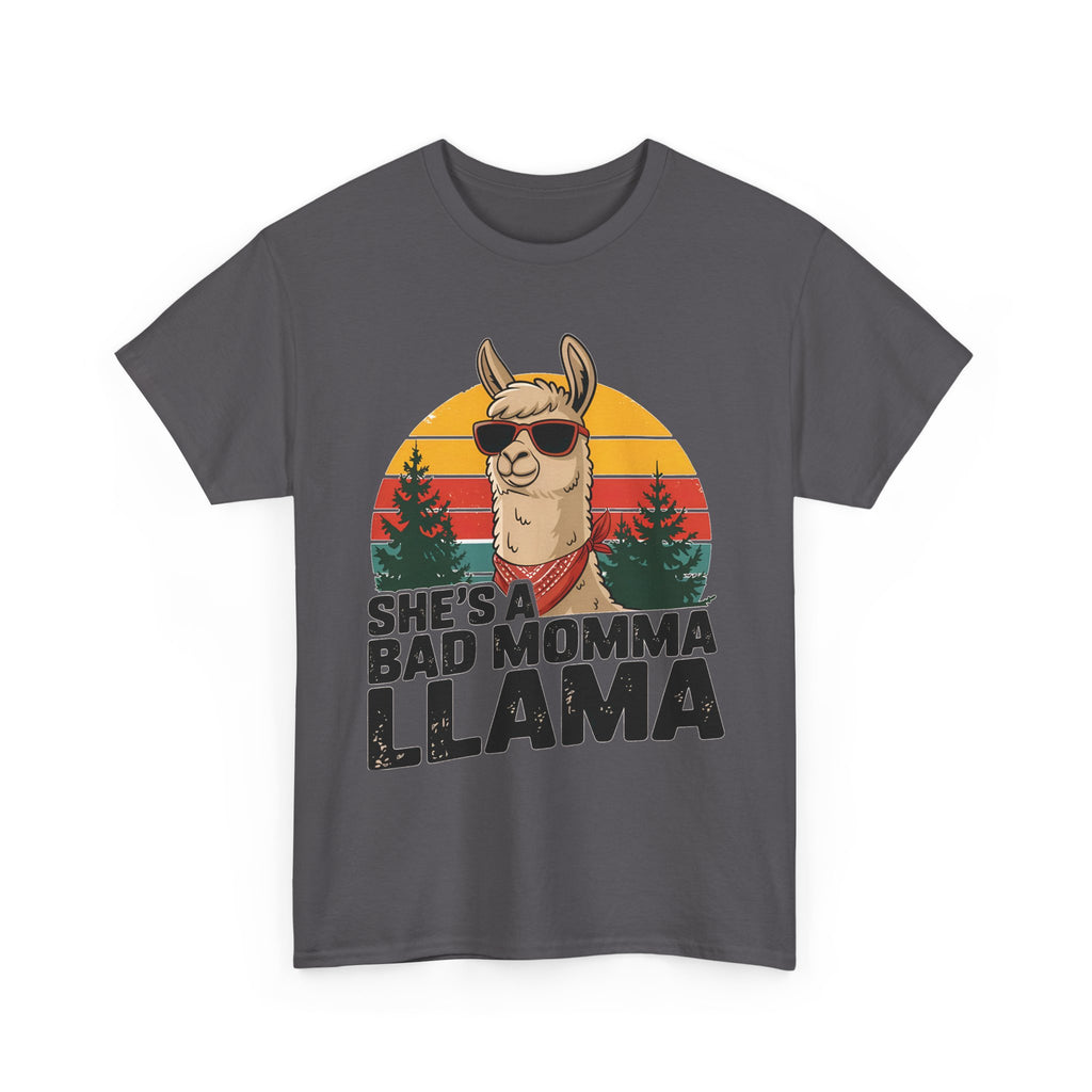 Charcoal She's A Bad Momma Llama t-shirt with retro sunset and llama in sunglasses