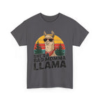 Charcoal She's A Bad Momma Llama t-shirt with retro sunset and llama in sunglasses