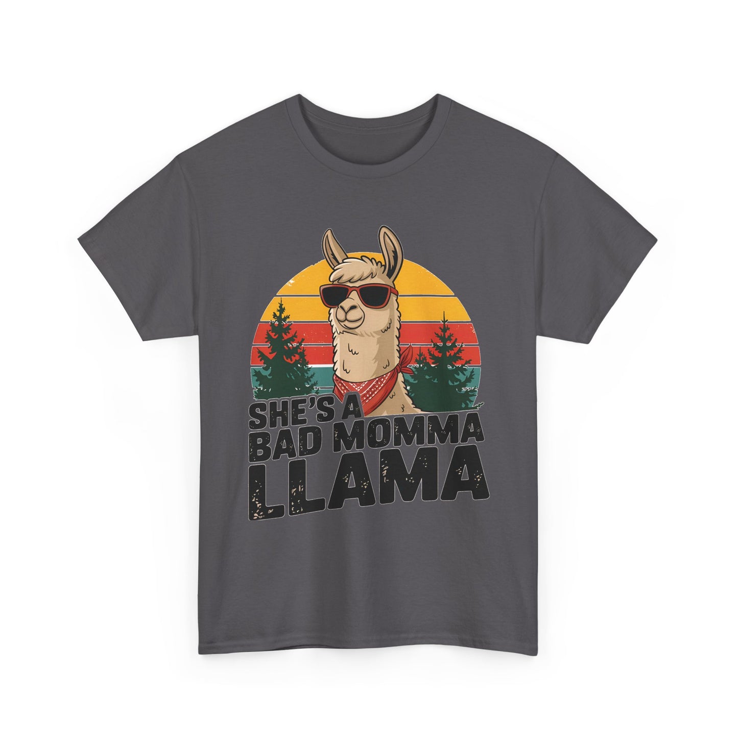 Charcoal She's A Bad Momma Llama t-shirt with retro sunset and llama in sunglasses
