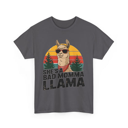 Charcoal She's A Bad Momma Llama t-shirt with retro sunset and llama in sunglasses