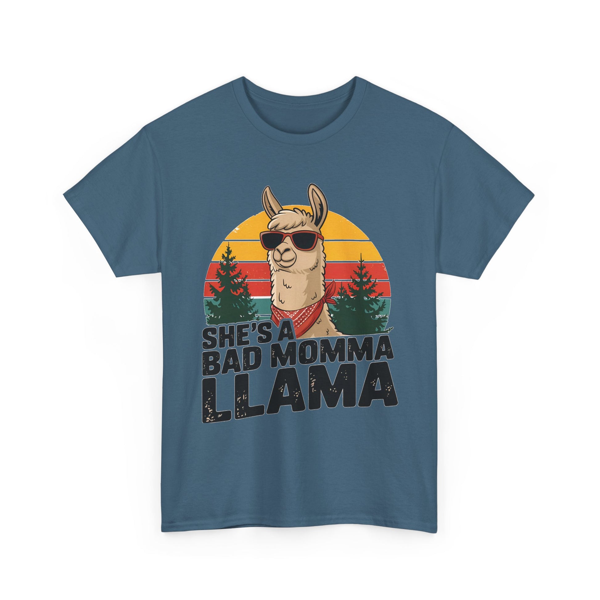 Indigo blue She's A Bad Momma Llama t-shirt with retro sunset and llama in sunglasses