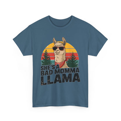 Indigo blue She's A Bad Momma Llama t-shirt with retro sunset and llama in sunglasses